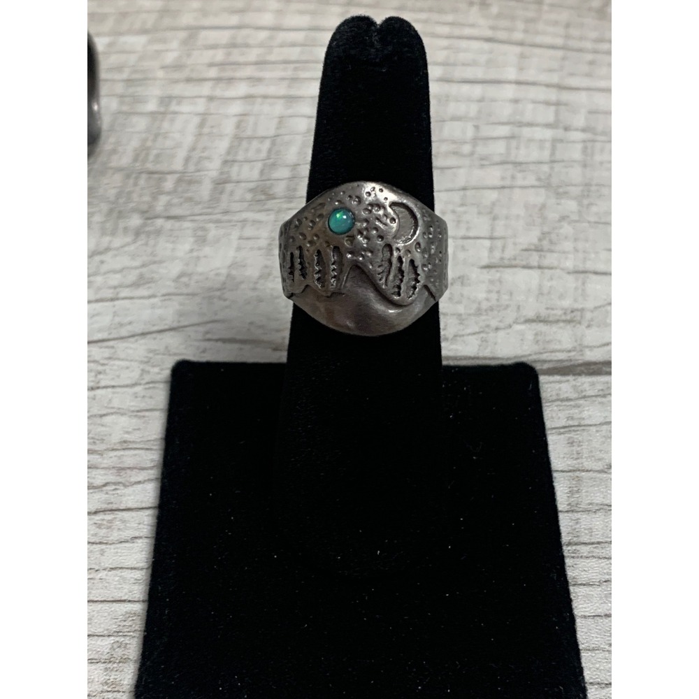 Vintage Style Textured Landscape Ring Turquoise Accent Moon and Trees Size 7.5